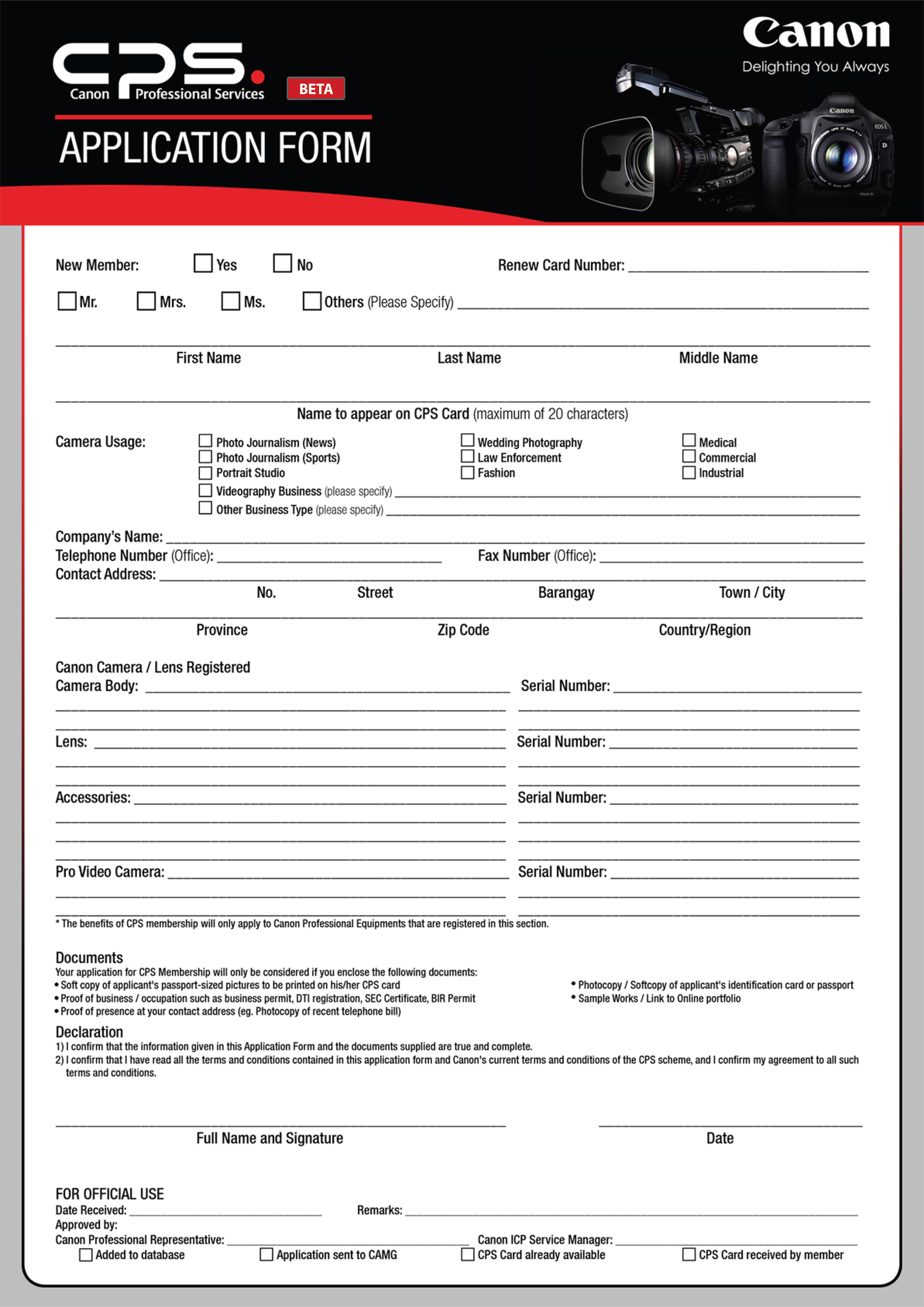 Cps Application Form Download, Canon Professional Service Cps Application Form, Cps Application Form Download